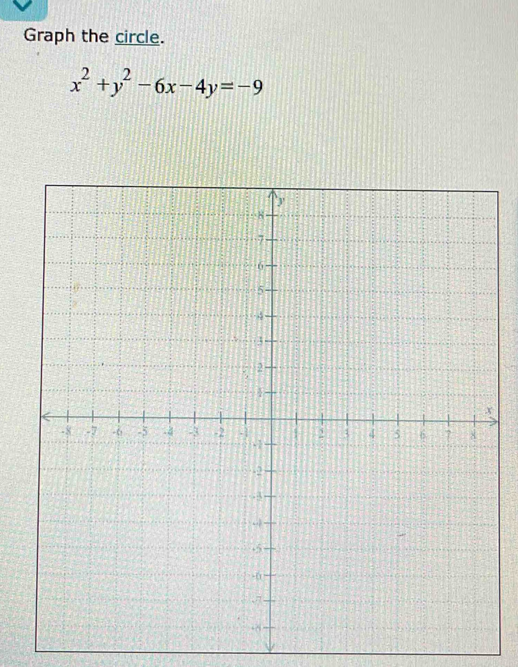 Graph the circle.
x^2+y^2-6x-4y=-9