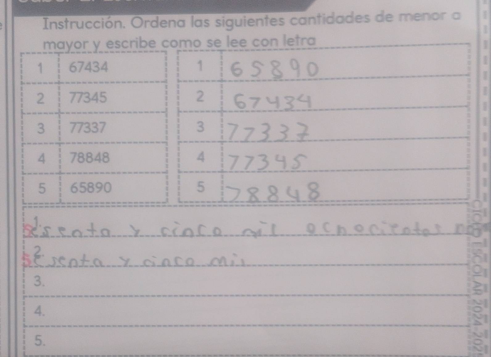 Instrucción. Ordena las siguientes cantidades de menor a 
I 
y escribe 
I 
I 
3. 
4. 
5.