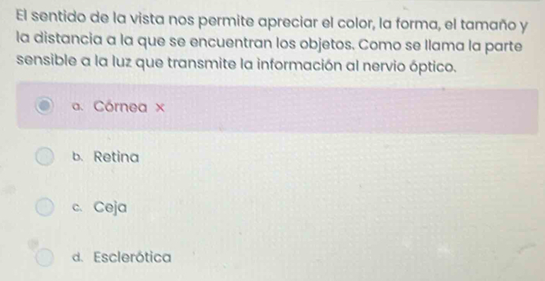 El sentido de la vista nos permite apreciar el color, la forma, el tamaño y
la distancia a la que se encuentran los objetos. Como se llama la parte
sensible a la luz que transmite la información al nervio óptico.
a. Córnea ×
b. Retina
c. Ceja
d. Esclerótica