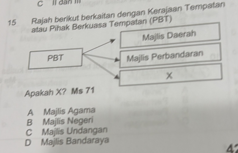 ll dan m
15 Rajah berikut berkaitan dengan Kerajaan Tempatan
atau Pihak Berkuasa Tempatan (PBT)
Majlis Daerah
PBT Majlis Perbandaran
Apakah X? Ms 71
A Majlis Agama
B Majlis Negeri
C Majlis Undangan
D Majlis Bandaraya
4