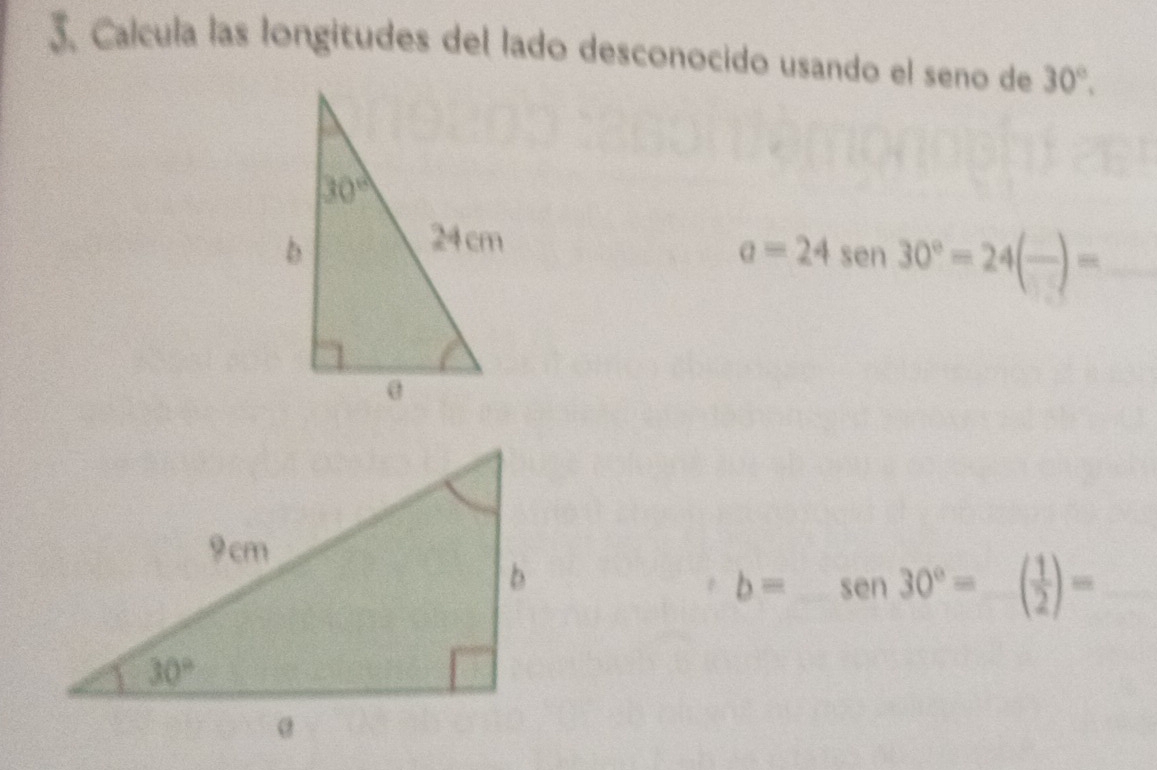 Calcula las longitudes del lado desconocido usando el seno de 30°.
_ a=24sen30°=24(frac )=
b= □  sen 30°=( 1/2 )=