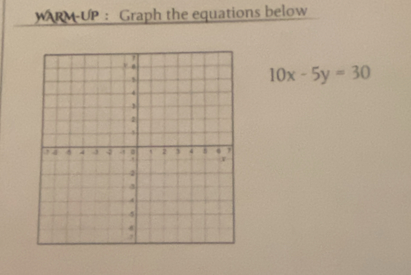 WARM-UP : Graph the equations below
10x-5y=30