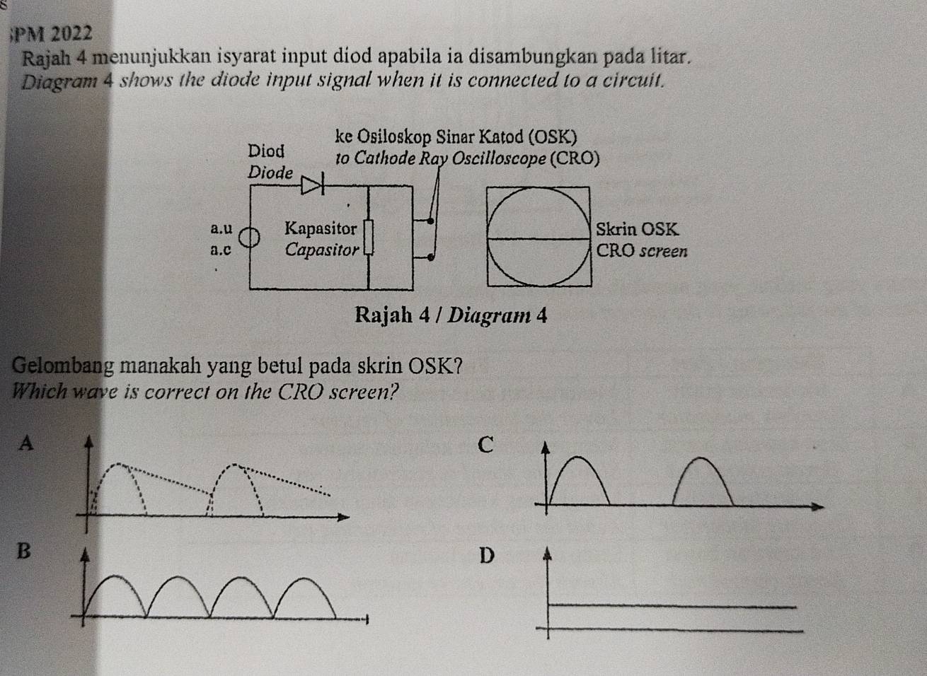 PM 2022
Rajah 4 menunjukkan isyarat input diod apabila ia disambungkan pada litar.
Diagram 4 shows the diode input signal when it is connected to a circuit.
Diod ke Osiloskop Sinar Katod (OSK)
to Cathode Ray Oscilloscope (CRO)
Diode
a.u Kapasitor Skrin OSK
a.c Capasitor CRO screen
Rajah 4 / Diagram 4
Gelombang manakah yang betul pada skrin OSK?
Which wave is correct on the CRO screen?
A
C
B
D