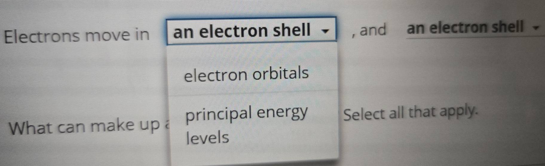 Electrons move in an electron shell , and an electron shell 
electron orbitals 
What can make up principal energy 
Select all that apply. 
levels