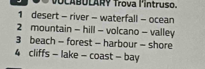 VOCABULARY Trova l'intruso. 
1 desert - river - waterfall - ocean 
2 mountain - hill - volcano - valley 
3 beach - forest - harbour - shore 
4 cliffs - lake - coast - bay