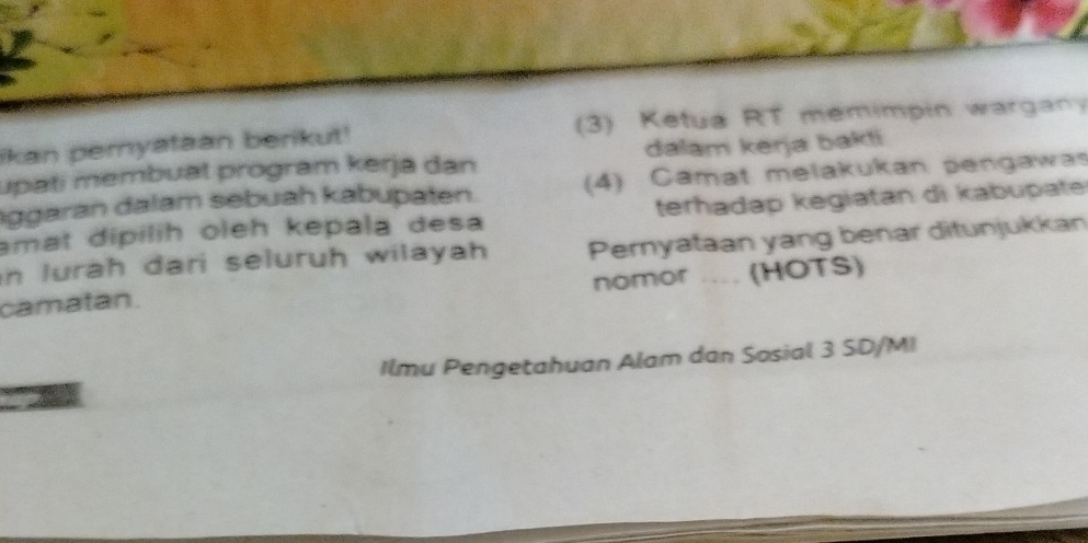 ikan pemyataan berikut! (3) Ketua RT memimpin wargany 
upati membuat program kerja dan dalam kerja bakti 
aggaran dalam sebuah kabupaten. (4) Camat melakukan pengawas 
amat dipílih oleh kepala desa terhadap kegiatan di kabupate 
in lurah dari seluruh wilayah Pernyataan yang benar ditunjukkan 
camatan. nomor .... (HOTS) 
Ilmu Pengetahuan Alam dan Sosial 3 SD/MI