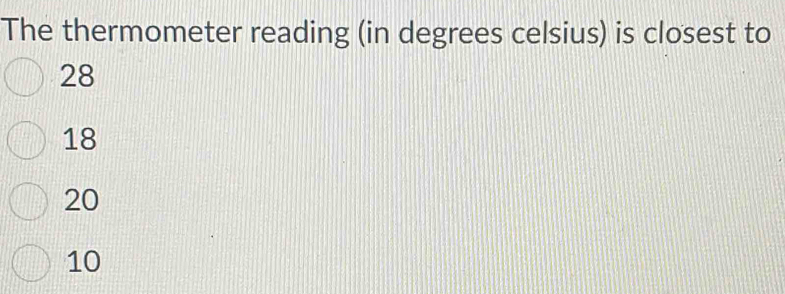 The thermometer reading (in degrees celsius) is closest to
28
18
20
10