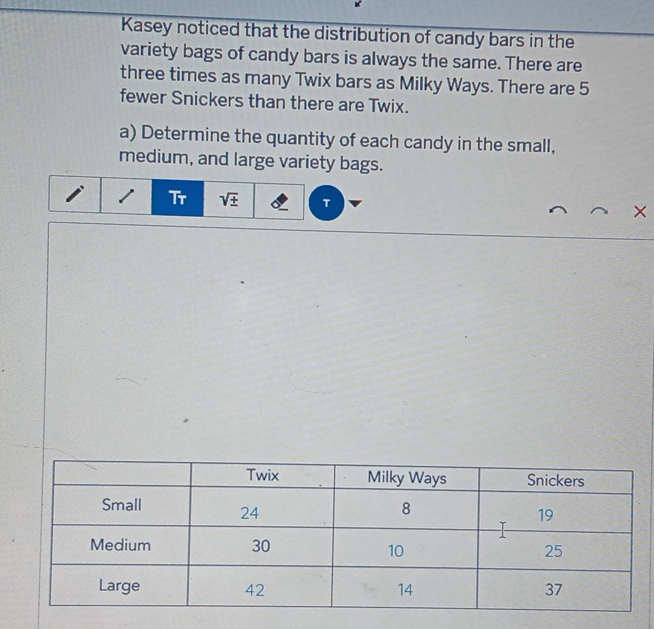 Kasey noticed that the distribution of candy bars in the 
variety bags of candy bars is always the same. There are 
three times as many Twix bars as Milky Ways. There are 5
fewer Snickers than there are Twix. 
a) Determine the quantity of each candy in the small, 
medium, and large variety bags. 
Tr sqrt(± ) T 
×