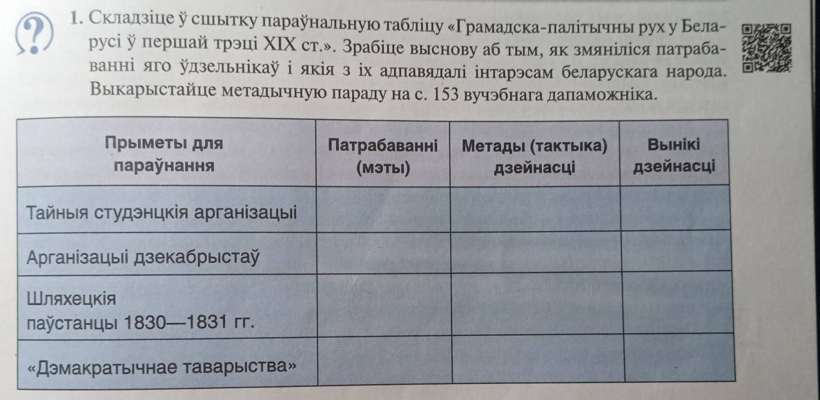 Склалзίцιе у сшеытку параунальнуюотаблінцу κΓрамалдскагπалітычны рух у Бела- 
русі першай трэці ΧΙΧ ст.». Зрабіце выснову аб тым, як змяніліся πатраба- 
ванні яго дзельнікай і якія з іх адлавядалі інтарэсам беларускага народа. 
Выкарыстайце метадычную πараду на с. 153 вучэбнага дапаможніка.