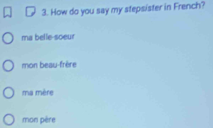 How do you say my stepsister in French?
ma belle-soeur
mon beau-frère
ma mère
mon père