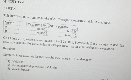 This information is from the books t 31 December 2017. 
18, vehicle A was traded in for E 20 000 to buy vehicle C at a cost of E 75 000. The 
company provides for depreciation at 20% per annum on the diminishing balance method. 
Required: 
Complete these accounts for the financial year ended 31 December 2018 
1) Vehicles 
2) Accumulated depreciation : Vehicles 
3) Asset disposal.