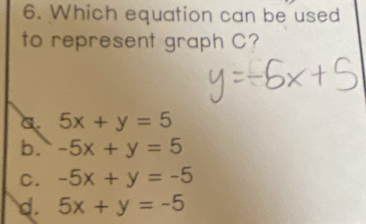 Which equation can be used
to represent graph C?
C. 5x+y=5
b. -5x+y=5
C. -5x+y=-5
d. 5x+y=-5