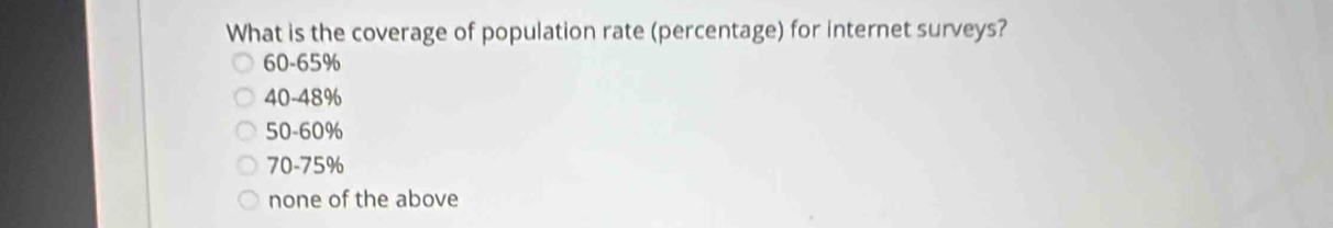 What is the coverage of population rate (percentage) for internet surveys?
60-65%
40-48%
50-60%
70-75%
none of the above