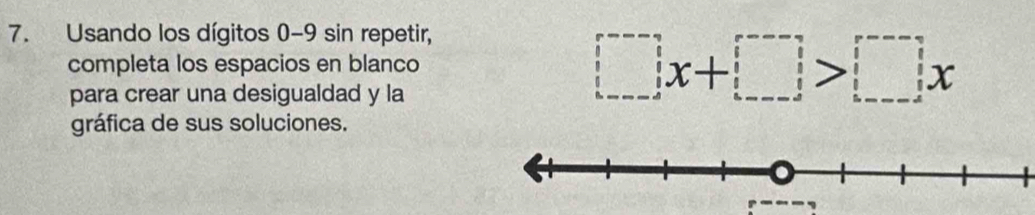 Usando los dígitos 0-9 sin repetir, 
completa los espacios en blanco 
para crear una desigualdad y la
□ x+□ >□ x
gráfica de sus soluciones.