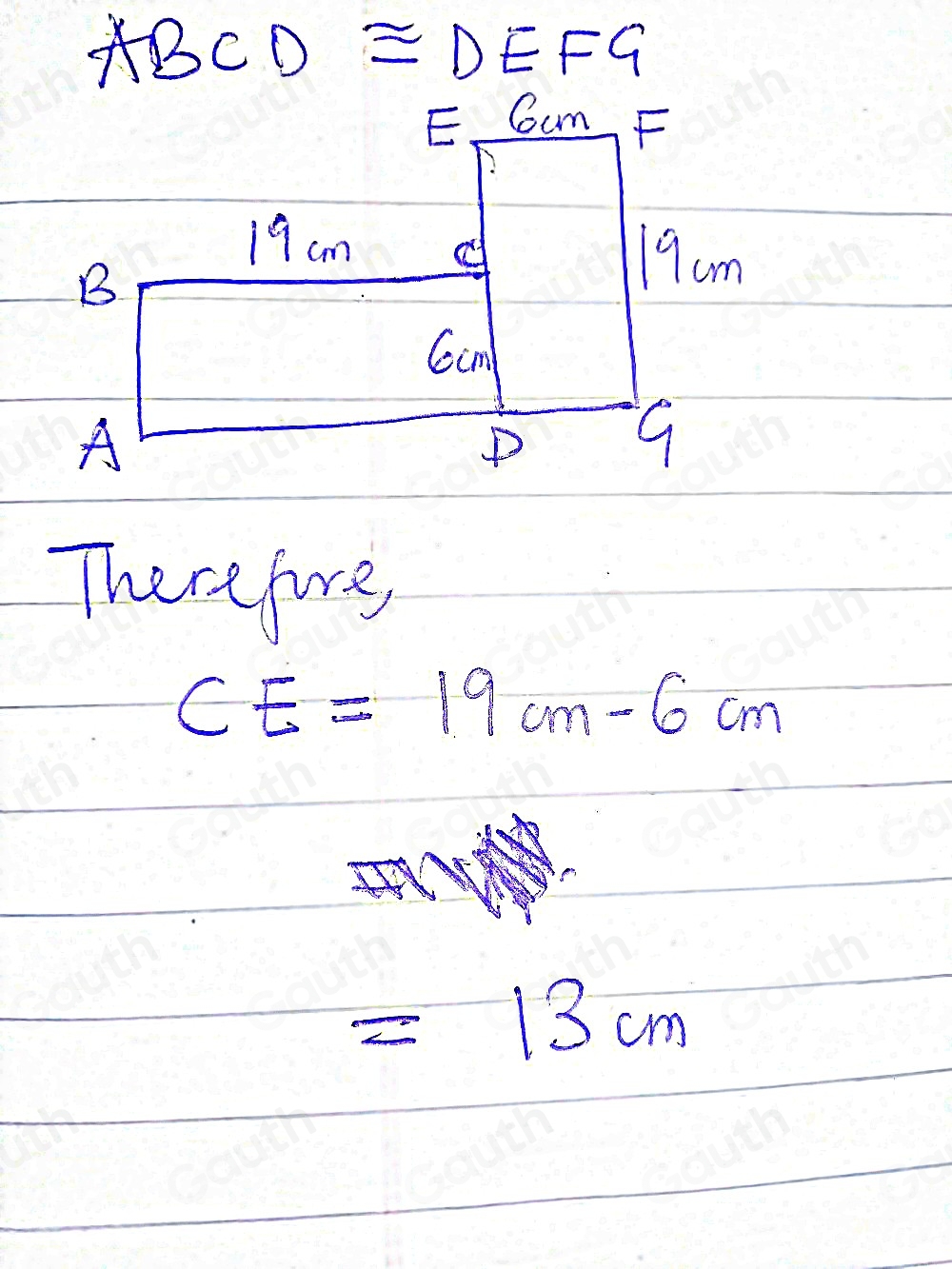 Solved: Rectangles ABCD and DEFG are congruent. AB=6cm AD=19cm Work out ...