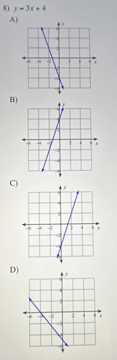 y=3x+4
A) 
B) 
C) 
D)