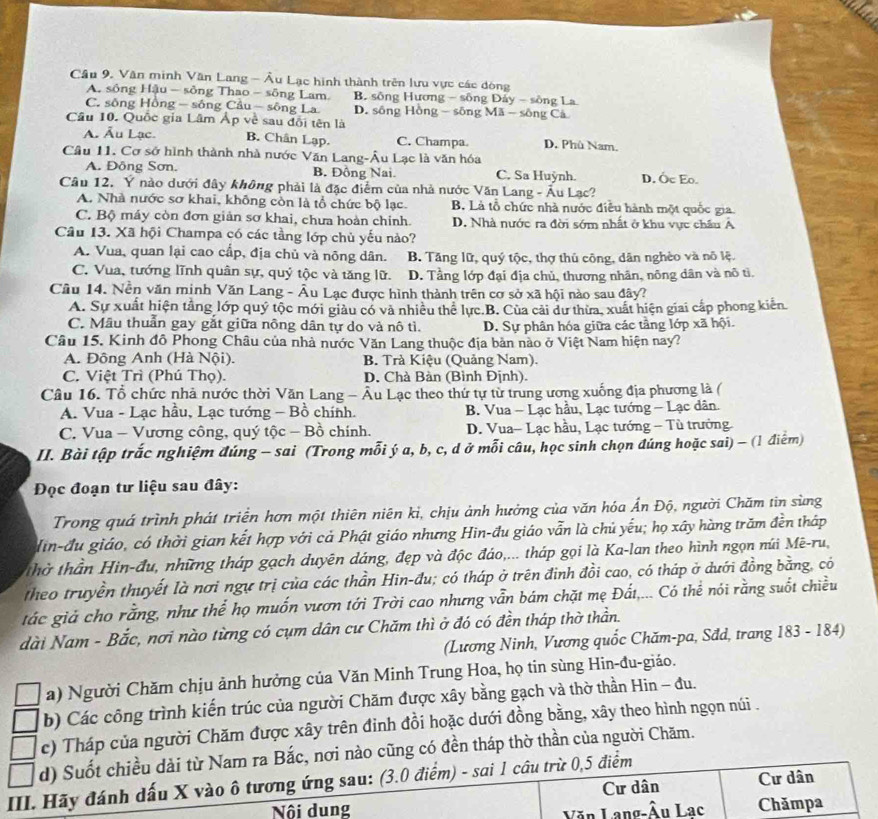 Cầu 9, Văn minh Văn Lang - Âu Lạc hình thành trên lưu vực các dòng
A. sông Hậu - sông Thao - sông Lam B sông Hương - sông Đảy - sông La
C. sông Hồng - sống Câu  - sông La D. sông Hồng - sông Mã - sông Cả
Câu 10. Quốc gia Lâm Áp về sau đổi tên là
A. Ấu Lạc. B. Chân Lạp. C. Champa. D. Phù Nam.
Câu 11. Cơ sở hình thành nhà nước Văn Lang-Âu Lạc là văn hóa
A. Đông Sơn. B. Đông Nai. C. Sa Huỳnh. D. Ốc Eo.
Câu 12. Ý nào dưới đây không phải là đặc điểm của nhà nước Văn Lang - Âu Lạc?
A. Nhà nước sơ khai, không còn là tổ chức bộ lạc. B. Là tổ chức nhà nước điều hành một quốc gia
C. Bộ máy còn đơn giản sơ khai, chưa hoàn chính. D. Nhà nước ra đời sớm nhất ở khu vực châu A
Câu 13. Xã hội Champa có các tầng lớp chủ yếu nào?
A. Vua, quan lại cao cấp, địa chủ và nông dân. B. Tăng lữ, quý tộc, thợ thủ công, dân nghèo và nô lệ.
C. Vua, tướng lĩnh quân sự, quý tộc và tăng lữ. D. Tầng lớp đại địa chủ, thương nhãn, nông dân và nô tì.
Cầu 14. Nền văn minh Văn Lang - Âu Lạc được hình thành trên cơ sở xã hội nào sau đây?
A. Sự xuất hiện tầng lớp quý tộc mới giàu có và nhiều thể lực.B. Của cải dư thừa, xuất hiện giai cấp phong kiến.
C. Mẫu thuẩn gay gắt giữa nông dân tự do và nô tì. D. Sự phân hóa giữa các tầng lớp xã hội.
Câu 15. Kinh đô Phong Châu của nhà nước Văn Lang thuộc địa bản nào ở Việt Nam hiện nay?
A. Đông Anh (Hà Nội). B. Trà Kiệu (Quảng Nam).
C. Việt Trì (Phú Thọ). D. Chà Bàn (Bình Định).
Câu 16. Tổ chức nhà nước thời Văn Lang - Âu Lạc theo thứ tự từ trung ương xuống địa phương là (
A. Vua - Lạc hầu, Lạc tướng - Bồ chính. B. Vua - Lạc hầu, Lạc tướng - Lạc dân.
C. Vua - Vương công, quý tộc - Bồ chính.  D. Vua- Lạc hầu, Lạc tướng - Tù trưởng
II. Bài tập trắc nghiệm đúng - sai (Trong mỗi ý a, b, c, d ở mỗi câu, học sinh chọn đúng hoặc sai) - (1 điểm)
Đọc đoạn tư liệu sau đây:
Trong quá trình phát triển hơn một thiên niên kỉ, chịu ảnh hưởng của văn hóa Ấn Độ, người Chăm tin sùng
Min-đu giáo, có thời gian kết hợp với cả Phật giáo nhưng Hin-đu giáo vẫn là chủ yếu; họ xây hàng trăm đền tháp
thờ thần Hin-đu, những tháp gạch duyên dáng, đẹp và độc đáo,... tháp gọi là Ka-lan theo hình ngọn núi Mê-ru,
theo truyền thuyết là nơi ngự trị của các thần Hin-đu; có tháp ở trên đinh đồi cao, có tháp ở dưới đồng bằng, có
tác giả cho rằng, như thể họ muốn vươn tới Trời cao nhưng vẫn bám chặt mẹ Đất,... Có thể nói rằng suốt chiều
dài Nam - Bắc, nơi nào từng có cụm dân cư Chăm thì ở đó có đền tháp thờ thần.
(Lương Ninh, Vương quốc Chăm-pa, Sđd, trang 183 - 184)
a) Người Chăm chịu ảnh hưởng của Văn Minh Trung Hoa, họ tin sùng Hin-đu-giáo.
b) Các công trình kiến trúc của người Chăm được xây bằng gạch và thờ thần Hin - đu.
c) Tháp của người Chăm được xây trên đỉnh đồi hoặc dưới đồng bằng, xây theo hình ngọn núi .
d) Suốt chiều dài từ Nam ra Bắc, nơi nào cũng có đền tháp thờ thần của người Chăm.
III. Hãy đánh dấu X vào ô tương ứng sau: (3.0 điểm) - sai 1 cầu trừ 0,5 điểm
Cư dân Cư dân
Nội dung Chămpa
Văn Lang-Âu Lac