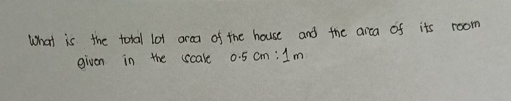 What is the total lot arca of the house and the arca of its room 
given in the scale 0.5cm:1m