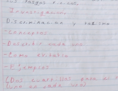 sus rasgos fic, cos, 
Investigacion, 
Dis criminacion y raxisme 
-conceptos 
-Describer cada uno 
- como evitarle 
Ejemplos 
CDos coartillas para L 
line en cada vno)