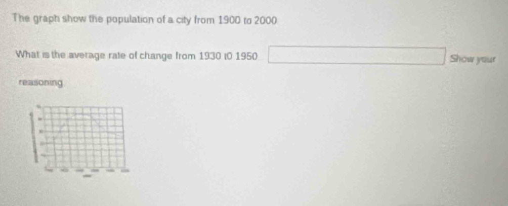 The graph show the population of a city from 1900 to 2000
What is the average rate of change from 1930 t0 1950 □ Show your 
reasoning 
m 
w