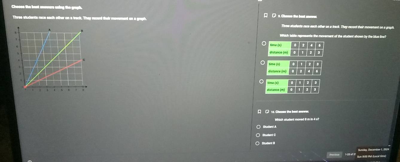 Choose the best answers using the graph.
Three students race each other on a track. They record their movement on a graph.
9. Choose the best answar.
Three students race each other on a track. They record their movernent on a graph.
Which table represents the movement of the student shown by the blue line?
time (s) 0 2 A 6
distance (m) 0 1 2 3
time (s) 0 1 2 3
distance (m) 0 2 4 6
time (s) 0 1 2 3
distance (m) 0 1 2 3
[ 10. Choose the best answer.
Which student moved 8 m in 4 s?
Student A
Student C
Student B
Sunday, December 1, 2024
Previous 1-25 of 21 Sun 9:00 PM (Local time)