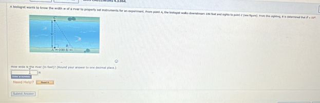 A biollogist wants to know the width w of a river to properly set instruments for an experment. from point A, the biollogist walks downstrearn 100 feet and sights ts point C (see fgure). from this sighing, it is dtermined ha θ =15°
How wide is the river (in feet)? [Round your answer to one decimal place.) 
Enter a nun 
Need Help? Flaad 
Sutmit Answer