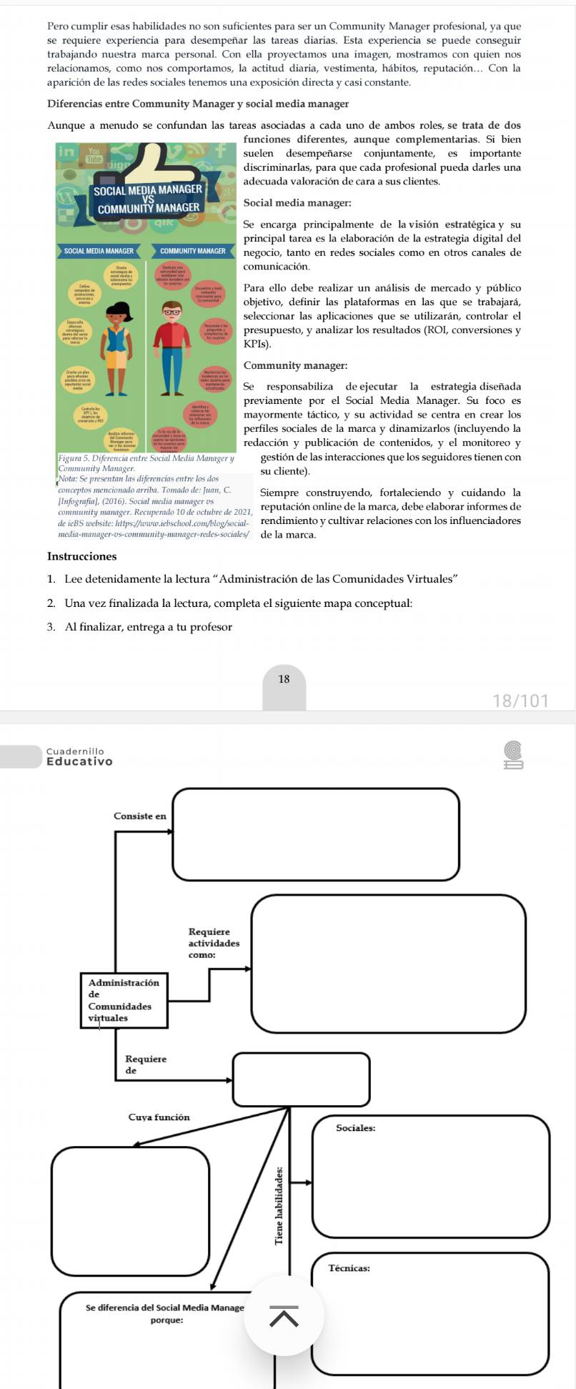 Pero cumplir esas habilidades no son suficientes para ser un Community Manager profesional, ya que
se requiere experiencia para desempeñar las tareas diarias. Esta experiencia se puede conseguir
trabajando nuestra marca personal. Con ella proyectamos una imagen, mostramos con quien nos
relacionamos, como nos comportamos, la actitud diaria, vestimenta, hábitos, reputación... Con la
Diferencias entre Community Manager v social media manager
funciones diferentes, aunque complementarias. Si bien
suelen desempeñarse conjuntamente, es importante
discriminarlas, para que cada profesional pueda darles una
adecuada valoración de cara a sus clientes.
Social media manager:
Se encarga principalmente de la visión estratégica y su
principal tarea es la elaboración de la estrategia digital del
negocio, tanto en redes sociales como en otros canales de
comunicación.
Para ello debe realizar un análisis de mercado y público
objetivo, definir las plataformas en las que se trabajará,
seleccionar las aplicaciones que se utilizarán, controlar el
presupuesto, y analizar los resultados (ROI, conversiones y
KPIs)
Community manager:
previamente por el Social Media Manager. Su foco es
mayormente táctico, y su actividad se centra en crear los
perfiles sociales de la marca y dinamizarlos (incluyendo la
redacción y publicación de contenidos, y el monitoreo y
Community Manageen gestión de las interacciones que los seguidores tienen con
Nota: Se presentan las diferencías entre los dos su cliente).
conceptos mencionado arríba. Tomado de: Juan, C. Siempre construvendo, fortaleciendo v cuidando la
[Infografía], (2016). Social media manager vs
community manager. Recuperado 10 de octubre de 2021, reputación online de la marca, debe elaborar informes de
de ieBS website: https://www.iebschool.com/blog/social- rendimiento y cultivar relaciones con los influenciadores
media-manager-vs-community-manager-redes-sociales/ de la marca.
Instrucciones
1. Lee detenidamente la lectura “Administración de las Comunidades Virtuales”
2. Una vez finalizada la lectura, completa el siguiente mapa conceptual:
3. Al finalizar, entrega a tu profesor
18
18/101
Educati