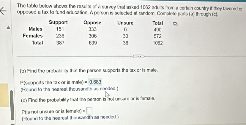 The table below shows the results of a survey that asked 1062 adults from a certain country if they favored or 
opposed a tax to fund education. A person is selected at random. Complete parts (a) through (c). 
Support Oppose Unsure Total 
Males 151 333 6 490
Females 236 306 30 572
Total 387 639 36 1062
(b) Find the probability that the person supports the tax or is male.
P (supports the tax or is male) =0.683
(Round to the nearest thousandth as needed.) 
(c) Find the probability that the person is not unsure or is female. 
P(is not unsure or is female) =□
(Round to the nearest thousandth as needed.)