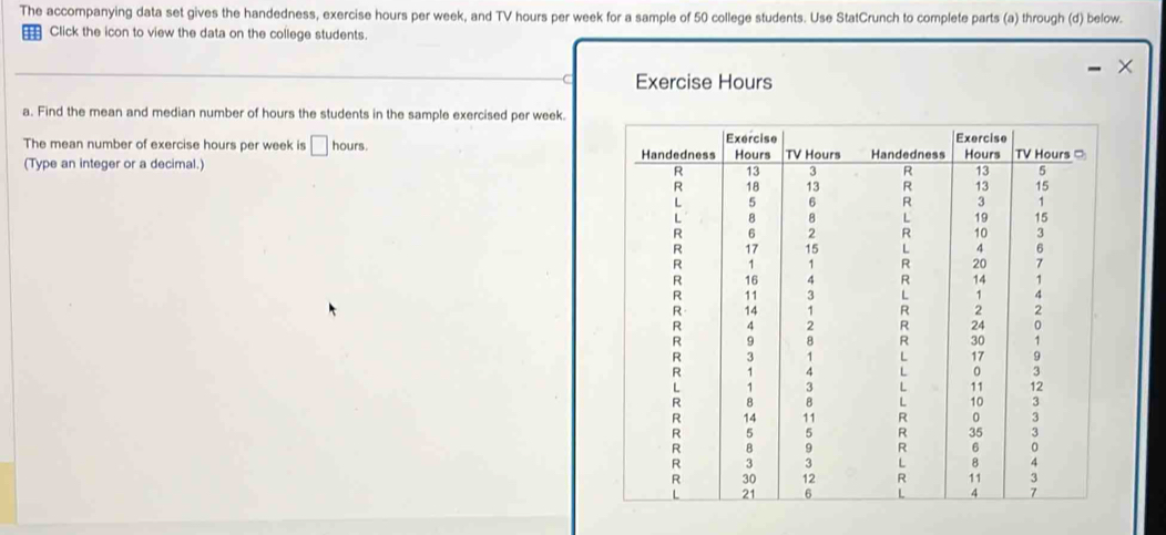 The accompanying data set gives the handedness, exercise hours per week, and TV hours per week for a sample of 50 college students. Use StatCrunch to complete parts (a) through (d) below. 
Click the icon to view the data on the college students. 
C Exercise Hours
a. Find the mean and median number of hours the students in the sample exercised per week. 
The mean number of exercise hours per week is □ hours. 
(Type an integer or a decimal.)