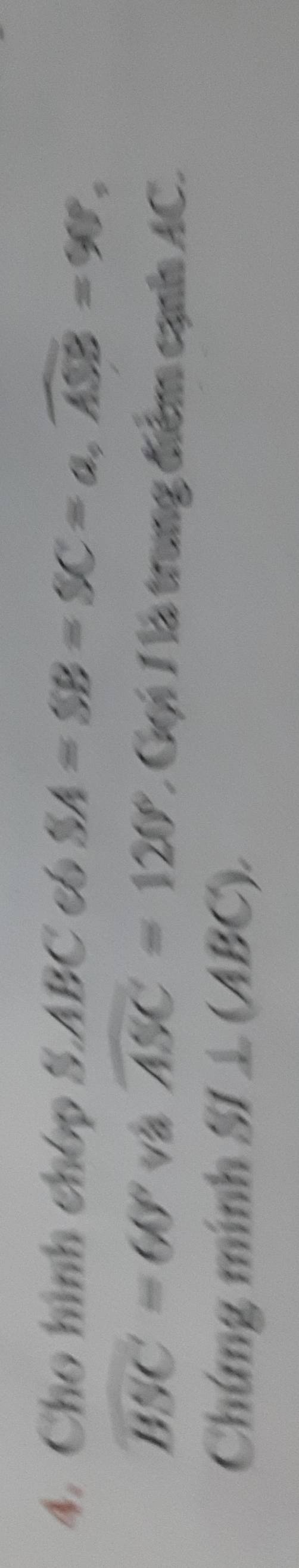 Cho hình chóp S. ABC có SA=SB=SC=a, widehat ASB=90°,
overline BSC=60° va overline ASC=120° * Gội 1 là trung điểm cạh AC. 
Chứng mính SI⊥ (ABC).