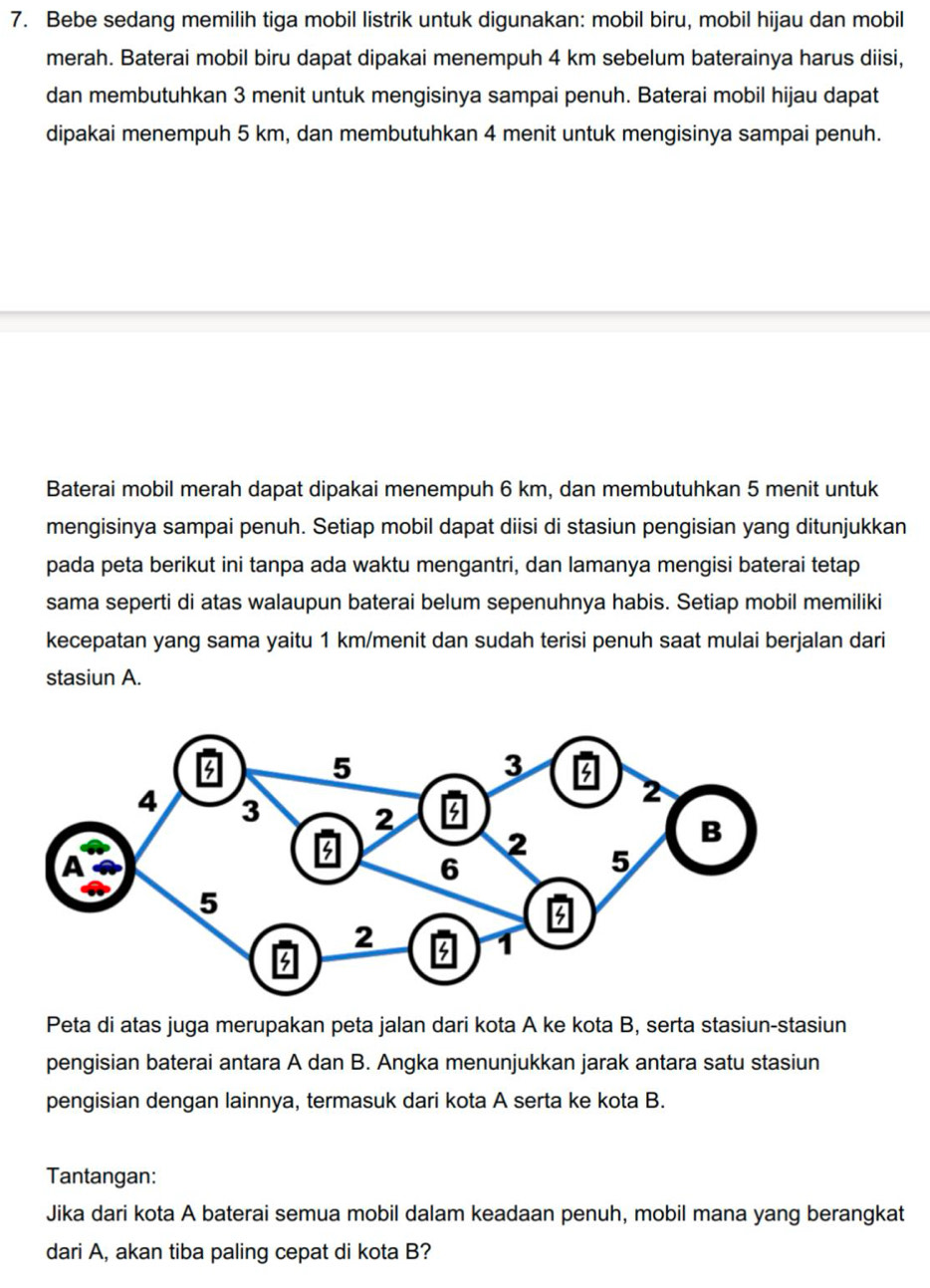 Bebe sedang memilih tiga mobil listrik untuk digunakan: mobil biru, mobil hijau dan mobil 
merah. Baterai mobil biru dapat dipakai menempuh 4 km sebelum baterainya harus diisi, 
dan membutuhkan 3 menit untuk mengisinya sampai penuh. Baterai mobil hijau dapat 
dipakai menempuh 5 km, dan membutuhkan 4 menit untuk mengisinya sampai penuh. 
Baterai mobil merah dapat dipakai menempuh 6 km, dan membutuhkan 5 menit untuk 
mengisinya sampai penuh. Setiap mobil dapat diisi di stasiun pengisian yang ditunjukkan 
pada peta berikut ini tanpa ada waktu mengantri, dan lamanya mengisi baterai tetap 
sama seperti di atas walaupun baterai belum sepenuhnya habis. Setiap mobil memiliki 
kecepatan yang sama yaitu 1 km /menit dan sudah terisi penuh saat mulai berjalan dari 
stasiun A. 
Peta di atas juga merupakan peta jalan dari kota A ke kota B, serta stasiun-stasiun 
pengisian baterai antara A dan B. Angka menunjukkan jarak antara satu stasiun 
pengisian dengan lainnya, termasuk dari kota A serta ke kota B. 
Tantangan: 
Jika dari kota A baterai semua mobil dalam keadaan penuh, mobil mana yang berangkat 
dari A, akan tiba paling cepat di kota B?