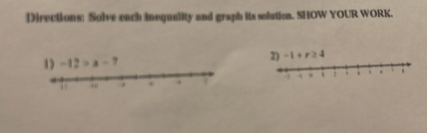 Directions: Solve each inequality and graph its solution. SHOW YOUR WORK.
-12>a-7