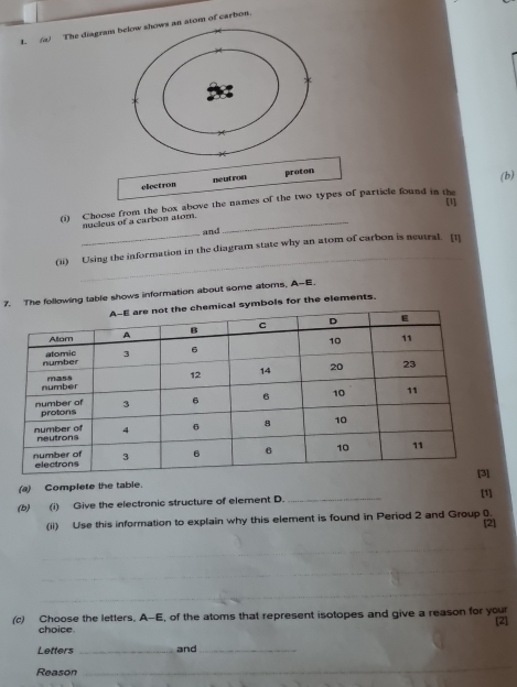 The diagram an atom of carbon.
electron neutron proton
(i) Choose from the box above the names of the two types of particle found in the (b)
[1]
nucleus of a carbon atom._
_and
_
(ii) Using the information in the diagram state why an atom of carbon is neutral. [1]
7. The following table shows information about some atoms, A-E.
ymbols for the elements.
_
(a) Complete the table.
[1]
(b) (i) Give the electronic structure of element D.
(ii) Use this information to explain why this element is found in Period 2 and Group 0. [2]
_
_
_
(c) Choose the letters. A-E, of the atoms that represent isotopes and give a reason for your [2]
choice
Letters _and_
Reason
_