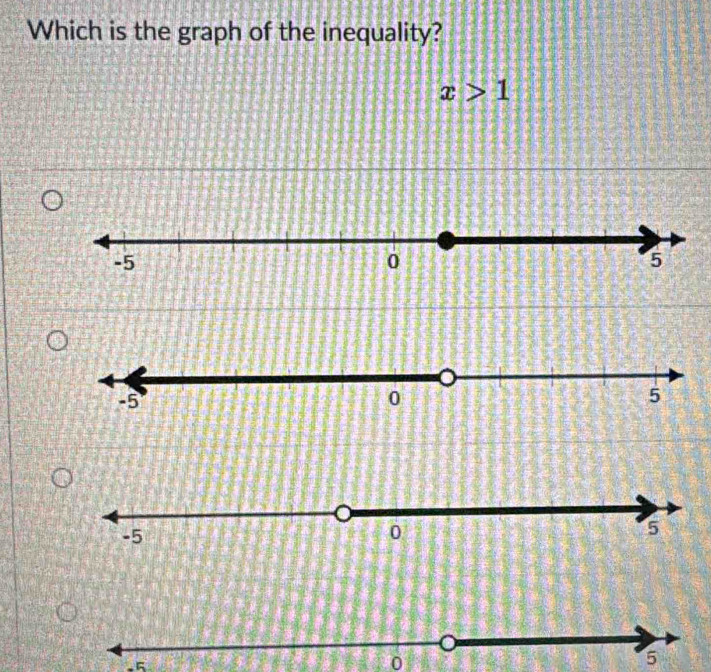 Which is the graph of the inequality?
x>1
0