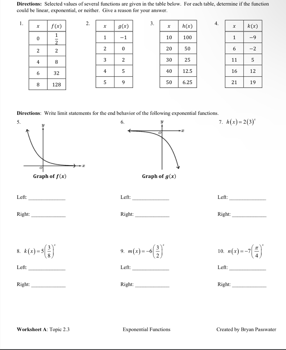 Directions: Selected values of several functions are given in the table below. For each table, determine if the function
could be linear, exponential, or neither. Give a reason for your answer.
1. 2. 3. 4.
  
 
 
 
 
Directions: Write limit statements for the end behavior of the following exponential functions.
5.
1. h(x)=2(3)^x

Left: _Left:_ Left:_
Right:_ Right:_ Right:_
8. k(x)=5( 3/8 )^x 9. m(x)=-6( 3/2 )^x 10. n(x)=-7( π /4 )^x
Left: _Left: _Left:_
Right:_ Right:_ Right:_
Worksheet A: Topic 2.3 Exponential Functions Created by Bryan Passwater