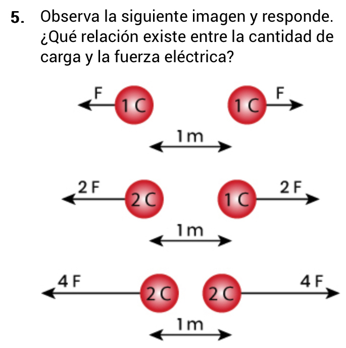 Observa la siguiente imagen y responde. 
¿Qué relación existe entre la cantidad de 
carga y la fuerza eléctrica?