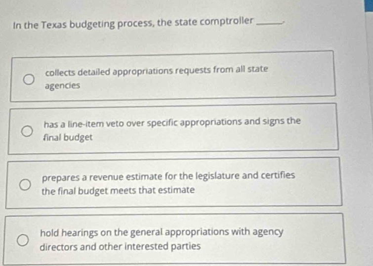 In the Texas budgeting process, the state comptroller_
collects detailed appropriations requests from all state
agencies
has a line-item veto over specific appropriations and signs the
final budget
prepares a revenue estimate for the legislature and certifies
the final budget meets that estimate
hold hearings on the general appropriations with agency
directors and other interested parties