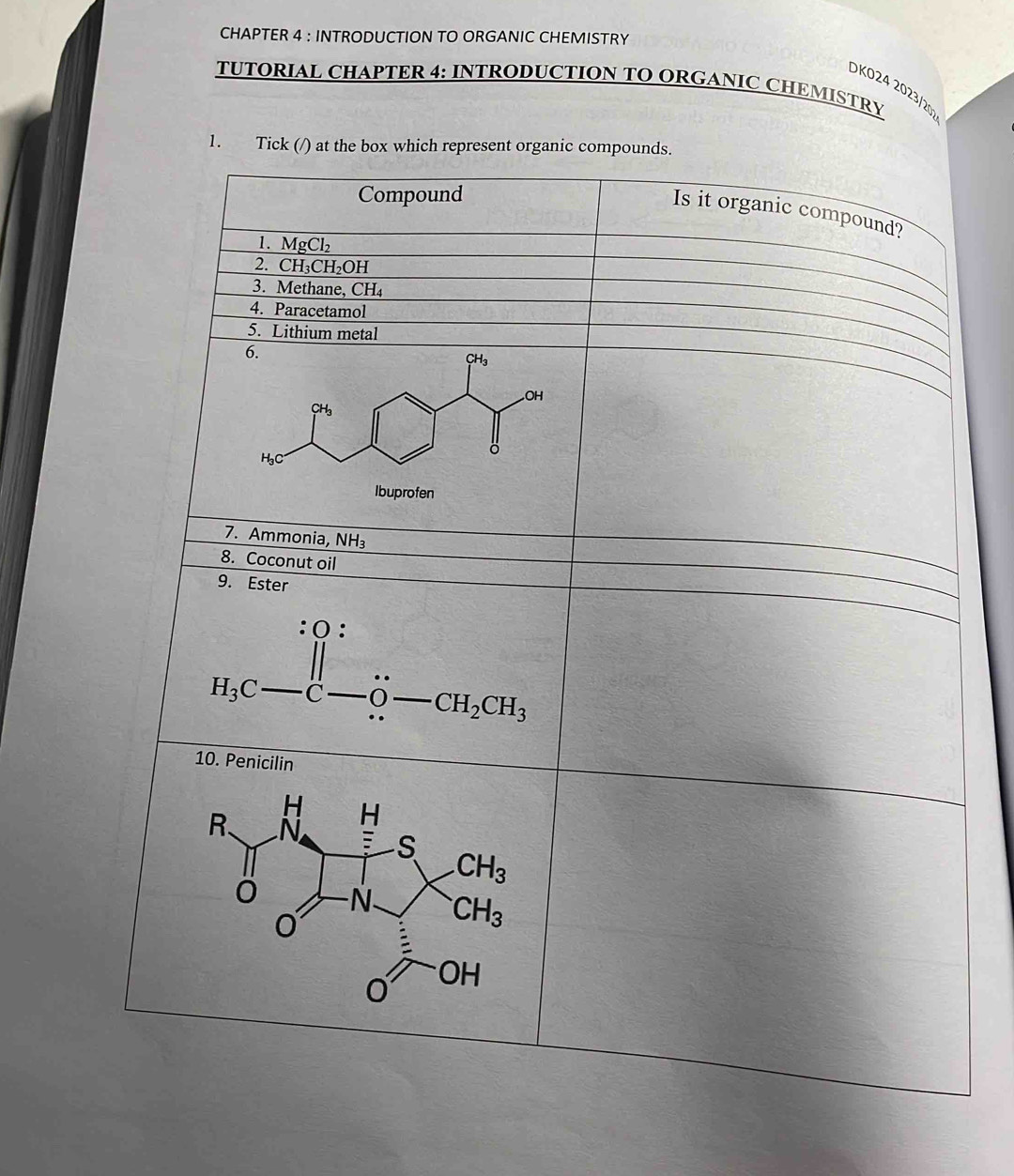 CHAPTER 4 : INTRODUCTION TO ORGANIC CHEMISTRY
TUTORIAL CHAPTER 4: INTRODUCTION TO ORGANIC CHEMISTRY
DK024 2023/201
1.