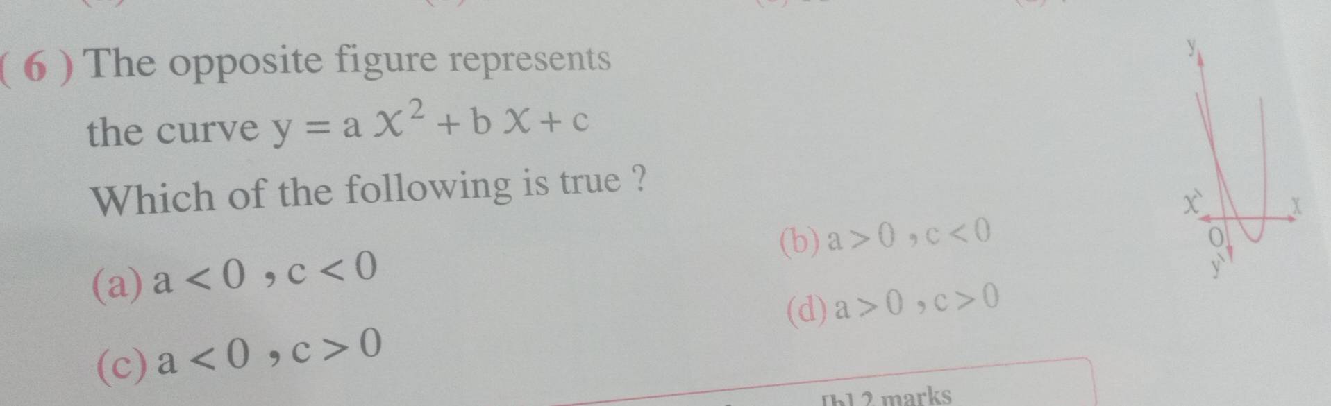 ( 6 )  The opposite figure represents
the curve y=ax^2+bx+c
Which of the following is true ?
(b) a>0,c<0</tex>
(a) a<0,c<0</tex>
(d) a>0,c>0
(c) a<0,c>0
[b] 2 marks