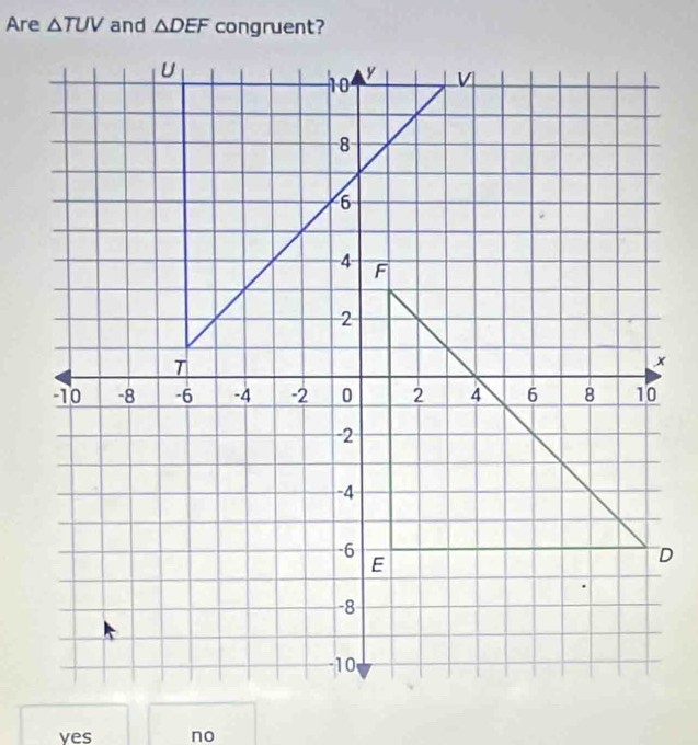 Are △ TUV and △ DEF
yes no