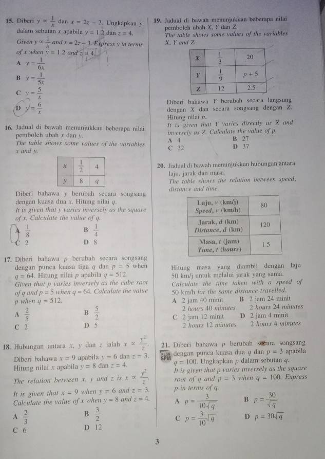 Diberi y= 1/x  dan x=2z-3. Ungkapkan y 19. Jadual di bawah menunjukkan beberapa nilai
pembolch ubah X, Y dan Z.
dalam sebutan x apabila y=1.2 dan z=4, The table shows some values of the variables
Given yalpha  1/x  and x=2z+3.Express y in terms X. Y and Z
of x when y=1.2 and overline s=4.
A y= 1/6x 
B y= 1/5x 
C y= 5/x 
Diberi bahawa Y berubah secara langsung
D y= 6/x 
dengan X dan secara songsang dengan Z.
Hitung nilai p.
16. Jadual di bawah menunjukkan beberapa nilai It is given that Y varies directly as X and
pemboleh ubah x dan y. inversely as Z. Calculate the value of p.
The table shows some values of the variables A 4 B 27
x and y. C 32 D 37
20. Jadual di bawah menunjukkan hubungan antara
laju, jarak dan masa.
The table shows the relation between speed,
Diberi bahawa y berubah secara songsan distance and time.
dengan kuasa dua x. Hitung nilai q.
It is given that y varies inversely as the square 
of x. Calculate the value of q.
 1/8  B  1/4 
C 2 D 8 
17. Diberi bahawa p berubah secara songsang
dengan punca kuasa tiga φ dan p=5 when Hitung masa yang diambil dengan laju
q=64. Hitung nilai p apabila q=512. 50 km/j untuk melalui jarak yang sama.
Given that p varies inversely as the cube root Calculate the time taken with a speed of
of g and p=5 when q=64 Calculate the value 50 km/h for the same distance travelled.
p when q=512. A 2 jam 40 minit B 2 jam 24 minit
A  2/5  B  5/2  2 hours 40 minutes    2 hours 24 minutes
C 2 jam 12 minit D 2 jam 4 minit
C 2 D 5 2 hours 12 minutes 2 hours 4 minutes
18. Hubungan antara x, y dan z ialah xalpha  y^2/z , 21. Diberi bahawa p berubah secara songsang
Diberi bahawa x=9 apabila y=6 dan z=3. SPM KLON dengan punca kuasa dua φ dan p=3 apabila
Hitung nilai x apabila y=8 dan z=4. q=100. Ungkapkan p dalam sebutan q.
The relation between x, y and z is xalpha  y^2/z . It is given that p varies inversely as the square
root ofq and p=3 when q=100 Express
It is given that x=9 when y=6 and z=3. p in terms of q.
Calculate the value of x when y=8 and z=4. A p= 3/10sqrt(q)  B p= 30/sqrt(q) 
A  2/3 
B  3/2 
C p= 3/10 sqrt(q) D p=30sqrt(q)
C 6 D 12
3