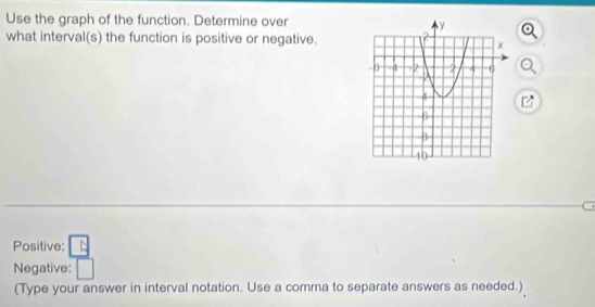 Use the graph of the function. Determine over 
what interval(s) the function is positive or negative. 
Positive: A 
Negative: □ 
(Type your answer in interval notation. Use a comma to separate answers as needed.)