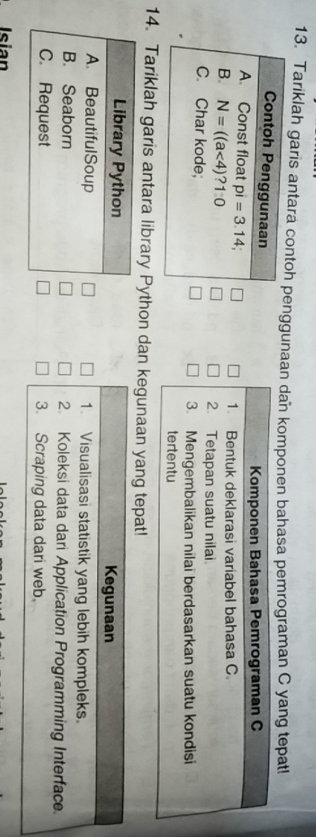 Tariklah garis antara contoh penggunaan dan komponen bahasa pemrograman C yang tepat!
Contoh Penggunaan
A. Const float pi=3.14;
B. N=((a<4)?10
C. Char kode;
14. Tariklah garis antara library Python dan kegunaan yang tepat!
Library Python
Kegunaan
A. BeautifulSoup 1. Visualisasi statistik yang lebih kompleks.
B. Seaborn 2. Koleksi data dari Application Programming Interface
C. Request 3. Scraping data dari web.
Isian