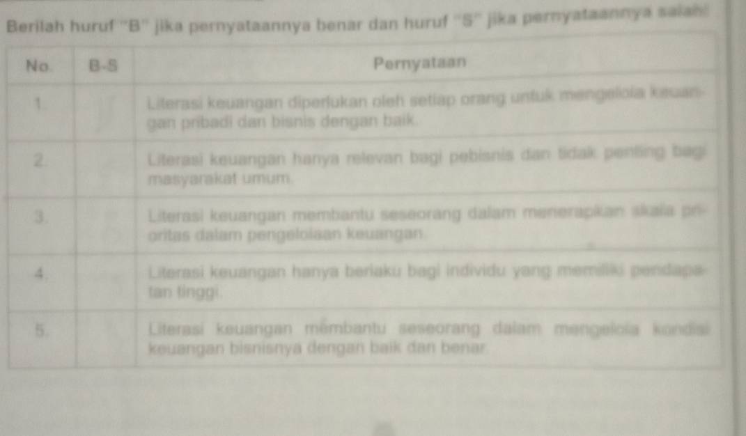 hurtaannya benar dan huruf ''S'' jika pernyataannya saiah