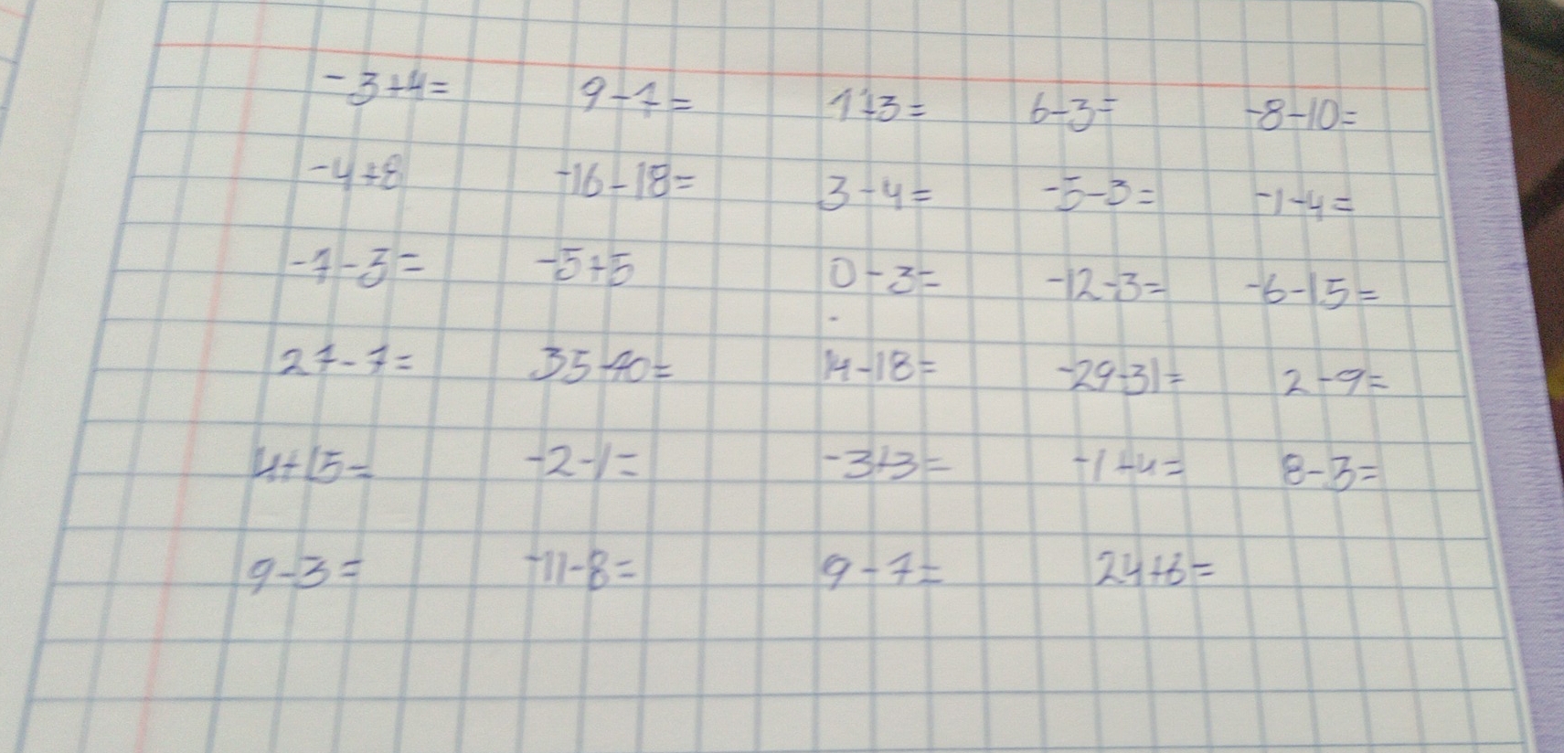 -3+4=
9-7=
1+3= 6-3=
-8-10=
-4+8
-16-18=
3-4=
-5-3= -1-4=
-7-5=
-5+5
0-3=
-12-3= -6-1.5=
27-7=
35-40=
14-18=
-29-31= 2-9=
4+15=
-2-1=
-3+3=
-1+4= 8-3=
9-3=
-11-8=
9-7=
24+6=