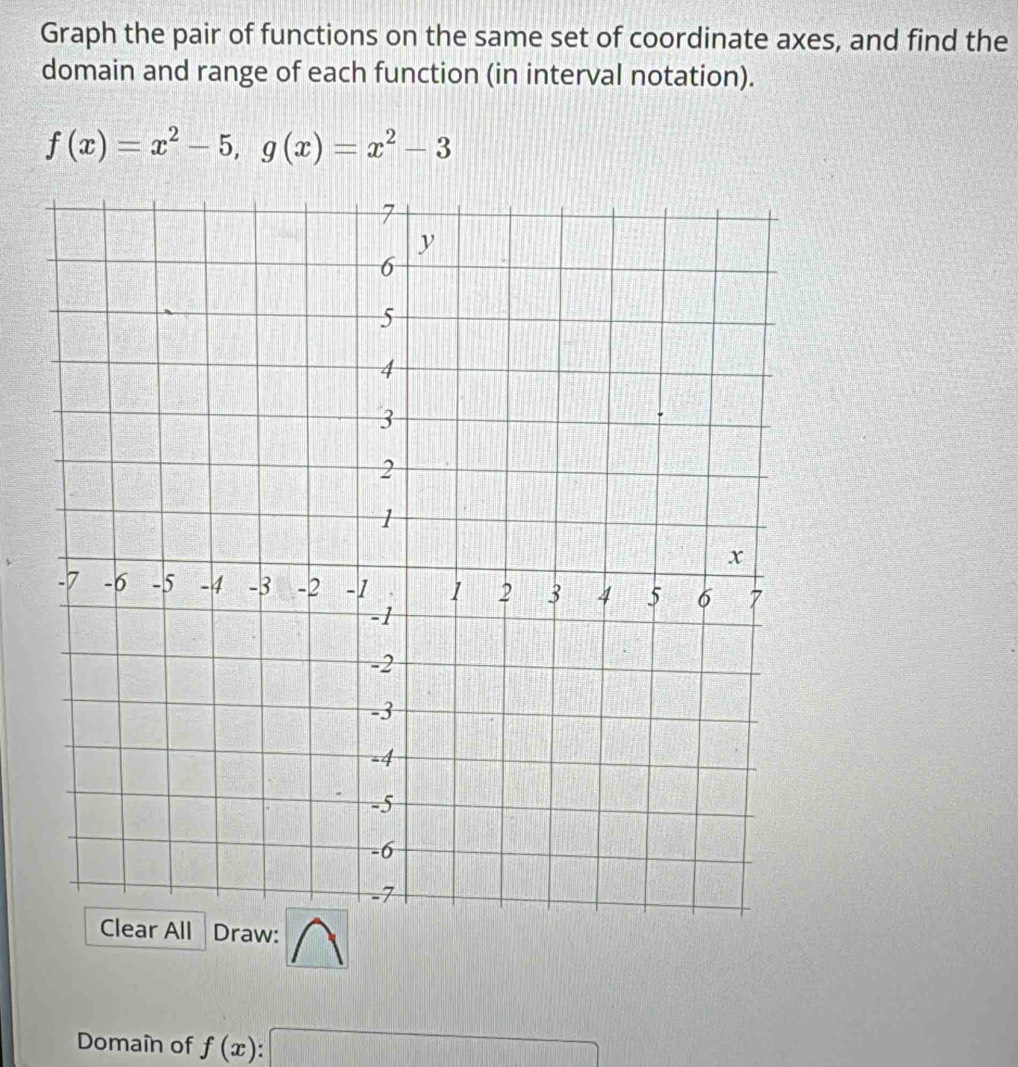 Graph the pair of functions on the same set of coordinate axes, and find the 
domain and range of each function (in interval notation).
f(x)=x^2-5, g(x)=x^2-3
lear All Draw: 
Domain of f(x). _ 