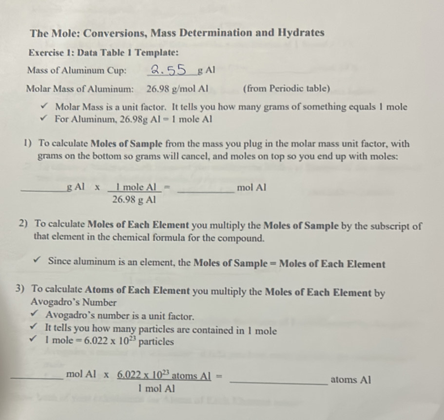 Solved: The Mole: Conversions, Mass Determination and Hydrates Exercise ...