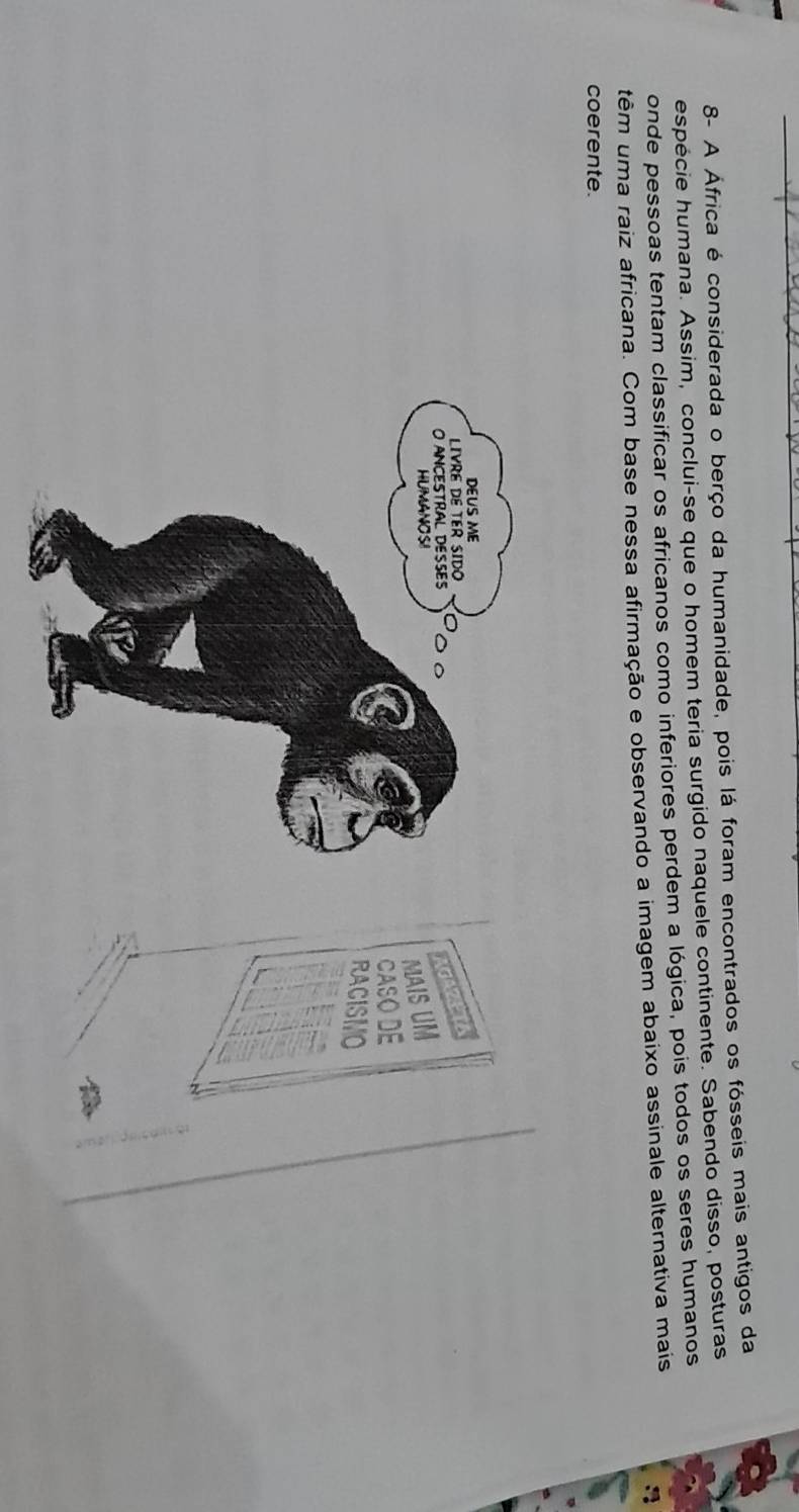 8- A África é considerada o berço da humanidade, pois lá foram encontrados os fósseis mais antigos da 
espécie humana. Assim, conclui-se que o homem teria surgido naquele continente. Sabendo disso, posturas 
onde pessoas tentam classificar os africanos como inferiores perdem a lógica, pois todos os seres humanos 
têm uma raiz africana. Com base nessa afirmação e observando a imagem abaixo assinale alternativa mais 
coerente. 
AGARETA 
MAIS UM 
CASO DE 
RACISMO