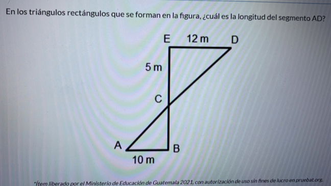 En los triángulos rectángulos que se forman en la figura, &cuál es la longitud del segmento AD?
*Ítem liberado por el Ministerio de Educación de Guatemala 2021, con autorización de uso sin fines de lucro en pruebat.org.