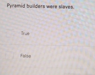 Pyramid builders were slaves.
True
False